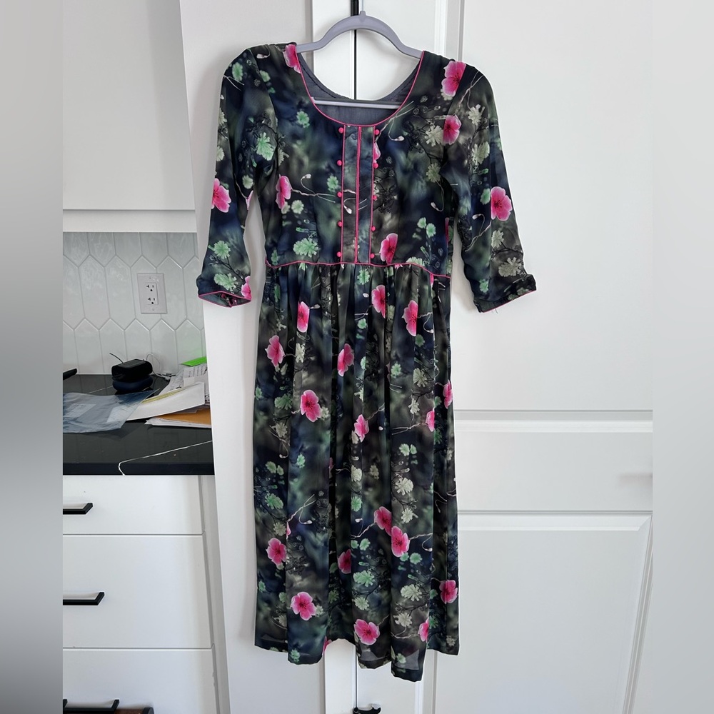 Floral Midi Dress Cottagecore Prairie Pink Trim Button Modest Vintage Style